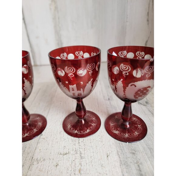 Egermann red cup Bohemian etched glass set collectible vintage - Picture 10 of 13